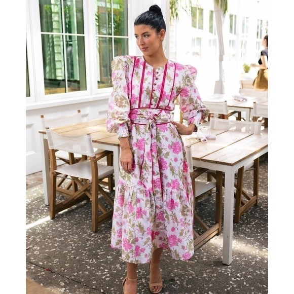 Sue Sartor Pink Floral Flounce Dress Cotton Midi Prairie Style Sz M‎ - Picture 2 of 11